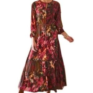 Soft Surroundings XL Burgundy Floral  Academia  Midi Cottage Core Women's Dress